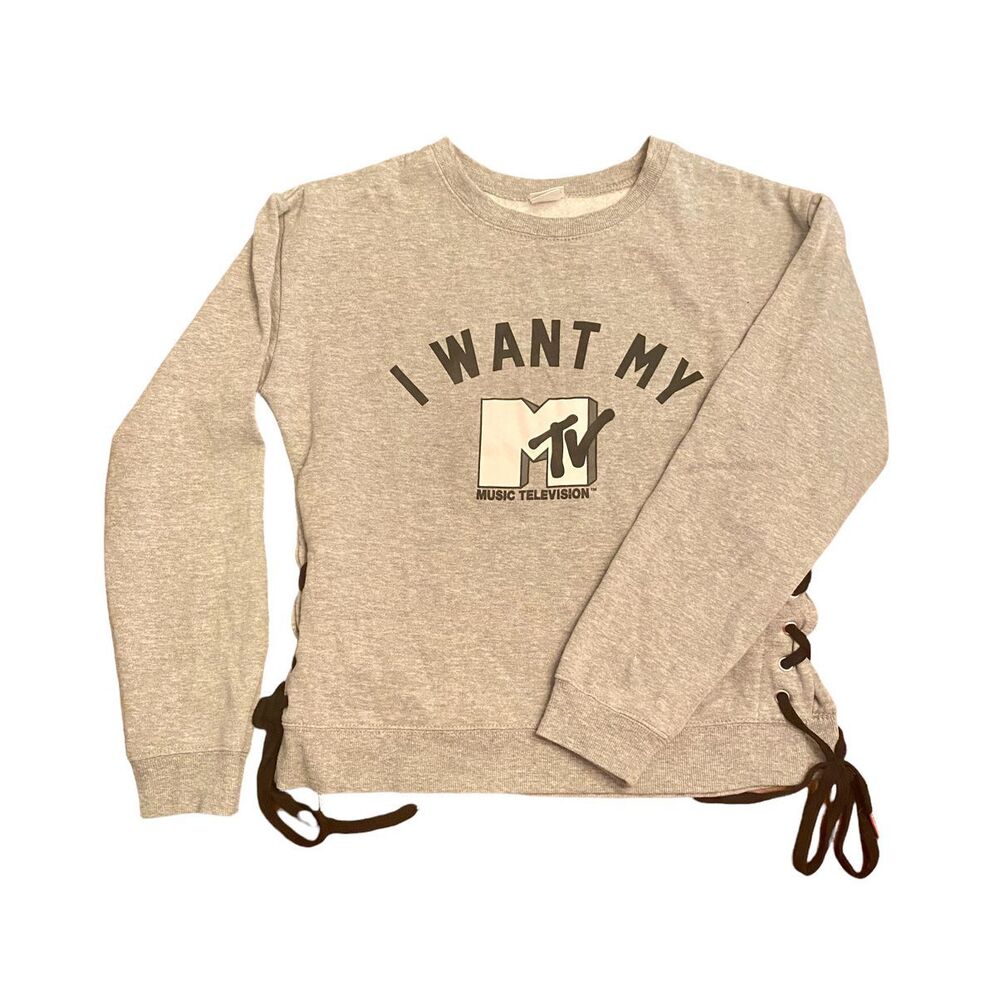 MTV I Want My MTV Lace Up Side Sweatshirt Gray Graphic Pullover Women’s Medium
